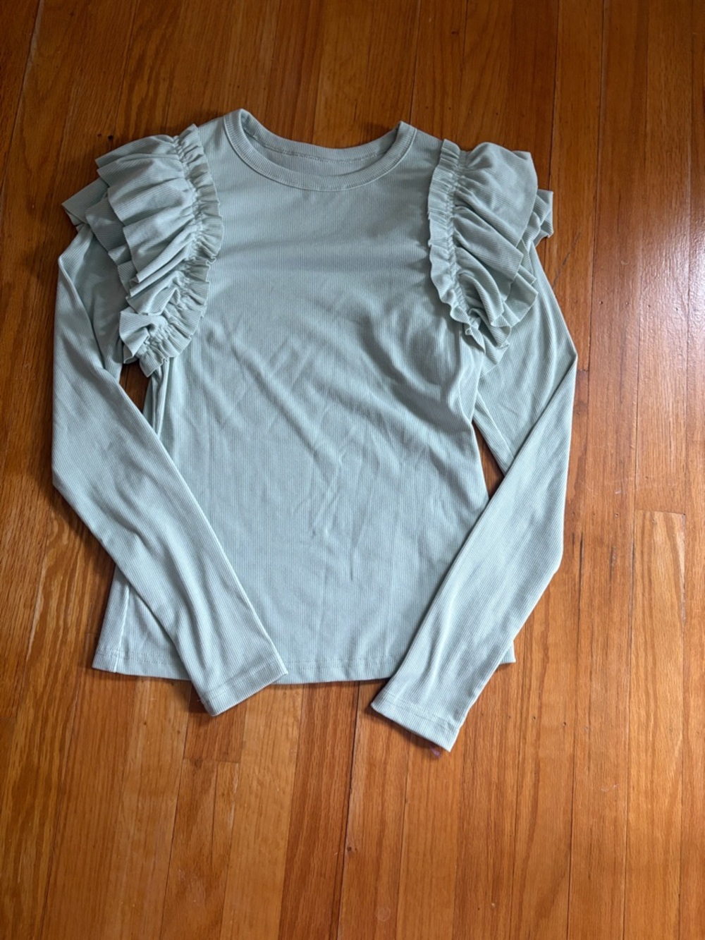 Ruffled Shoulder Long-Sleeve Top in Sage Green